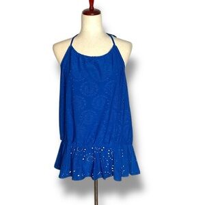 ModCloth Royal Blue Eyelet Peplum Tie Halter Open Back Top